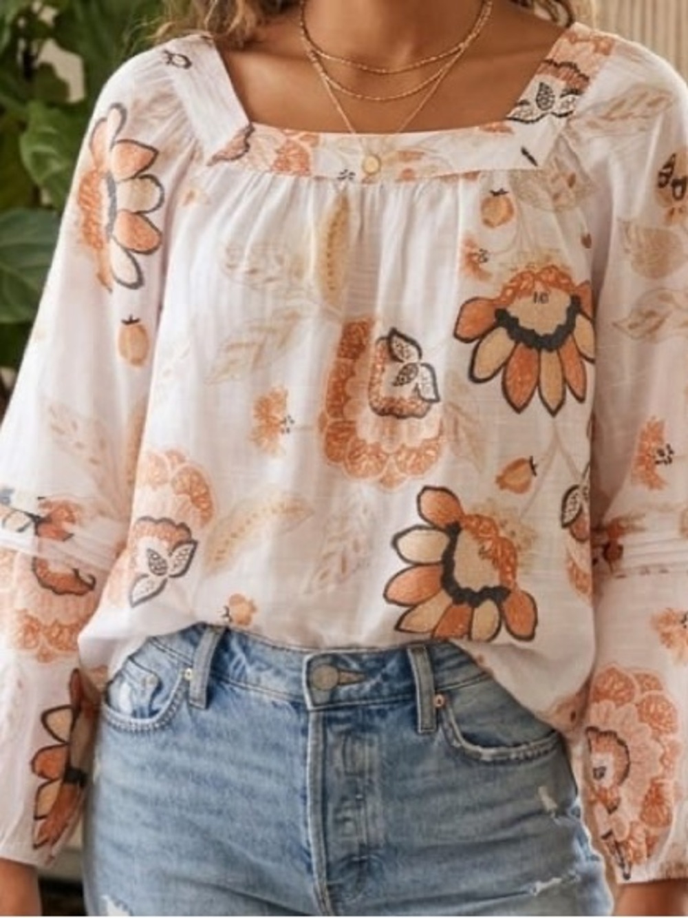 LC Lauren Conrad White Peasant Blouse with Orange Floral Print